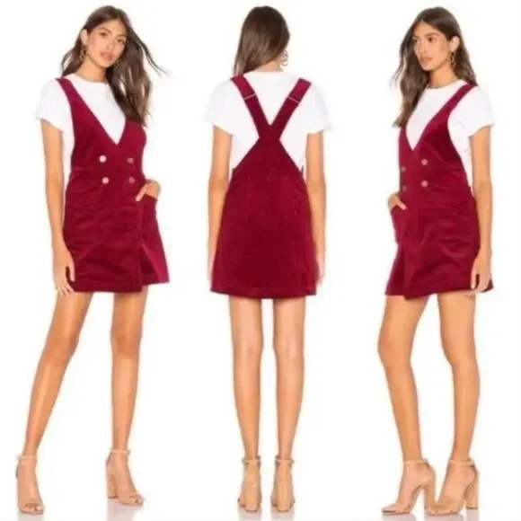 Free People Canyonland Jumper Dress Size 10 Red Velvet Corduroy Button Front NEW - Picture 1 of 11